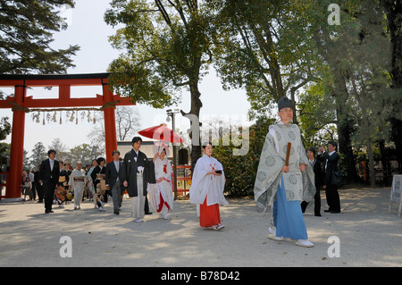 Brautpaar auf ihrem Weg zu einer Shinto Zeremonie mit einer Miko shrine Maiden und ein Shinto-Priester am Kamigamo Schrein, Kyoto, Stockfoto