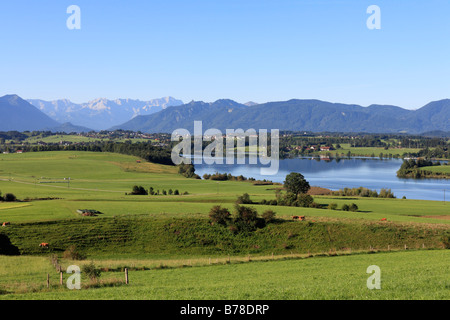 Blick vom Aidling Riegsee See und Murnau zum Wettersteingebirge mit Zugspitze Mt., Alpenvorland, Oberbayern, Stockfoto