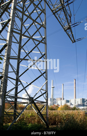 Strommast Entladung Strom aus dem Dampfanlage der Firma Eon, Maisfeld und Staudinger Dampfanlage in den Rücken, Gros Stockfoto