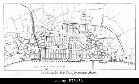 Wrens Pläne für Wiederaufbau London ausgearbeitet vom Architekten für König Charles II, nach dem Großbrand genehmigt, aber nie gebaut Stockfoto