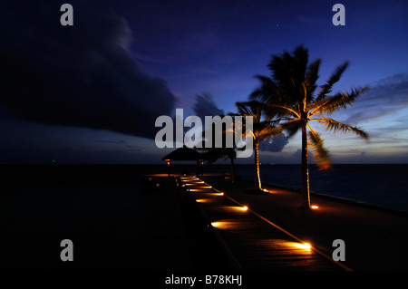 Steg mit Palmen in der Abenddämmerung, Laguna Resort, Malediven, Indischer Ozean Stockfoto