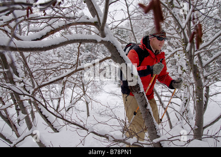 Ein Mann Schneeschuhwanderung entlang des Truckee River während es in Truckee in Kalifornien schneit Stockfoto