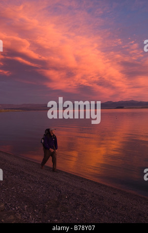 Ein Mann, Wandern entlang der Ufer des Mono Lake mit reflektierenden Wasser und Wolken in Kalifornien Stockfoto