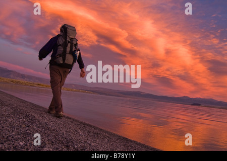 Ein Mann, Wandern entlang der Ufer des Mono Lake mit reflektierenden Wasser und Wolken in Kalifornien Stockfoto