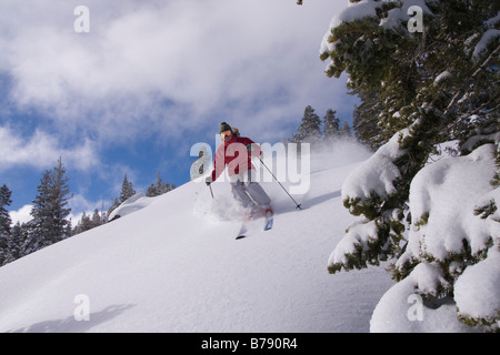 Ein Mann und eine Frau Skifahren Pulverschnee in Northstar at Tahoe Skigebiet in der Nähe von Lake Tahoe in Kalifornien Stockfoto