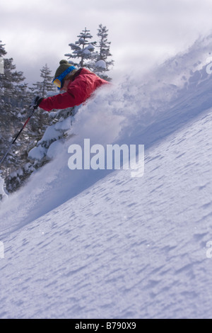 Eine Frau Skifahren Pulverschnee in Northstar at Tahoe Skigebiet in der Nähe von Lake Tahoe in Kalifornien Stockfoto