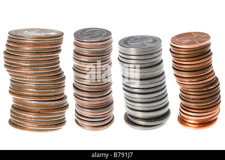 Stapel von U S Münzen einschließlich Viertel Groschen Nickel und Groschen Stockfoto