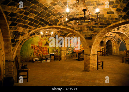 Weinprobe in der unterirdischen Keller im CASTELLO DI AMAROSA ein Weingut befindet sich in einer italienischen Burg in der Nähe von CALISTOGA, NAPA VALLEY Stockfoto