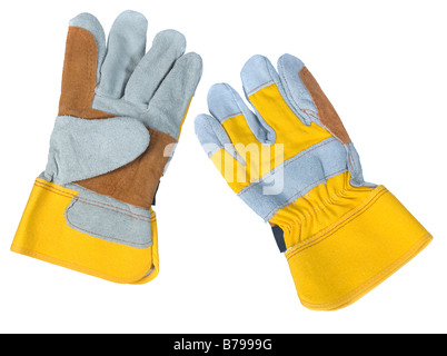 Ein paar neue Leder Arbeitshandschuhe isoliert auf weiss Stockfoto