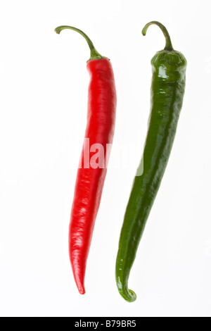 rote und grüne hot chili Peppers auf weißem Hintergrund Stockfoto