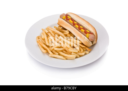 Fast-Food-Mahlzeit mit Hot Dog und Pommes in einer Petrischale Stockfoto
