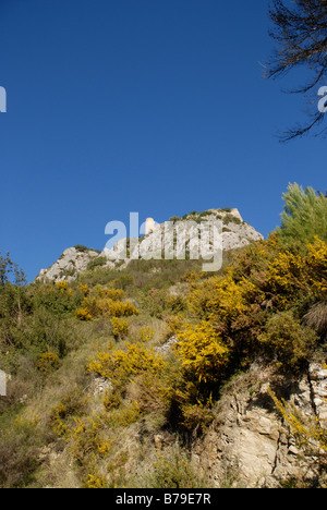 Blick auf 12C maurische Burg, Vall de Gallinera, Marina Alta, Provinz Alicante, Comunidad Valenciana, Spanien Stockfoto