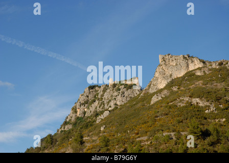 Blick auf 12C maurische Burg, Vall de Gallinera, Marina Alta, Provinz Alicante, Comunidad Valenciana, Spanien Stockfoto