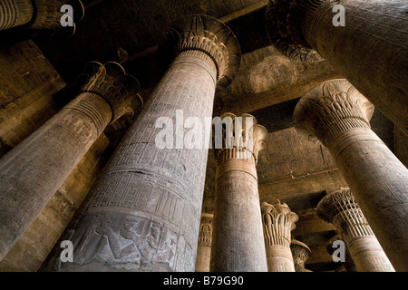 Suchen bis unter die Decke durch die Spalten in der Säulenhalle an der Tempel des Chnum in Esna, Ägypten Stockfoto