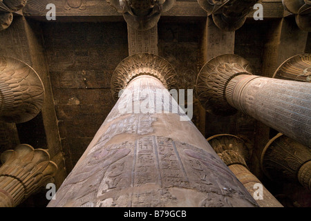 Nach oben an der Decke durch die Spalten in der Säulenhalle im Tempel des Chnum in Esna, Ägypten Stockfoto