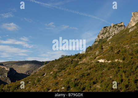 Blick auf 12C maurische Burg, Vall de Gallinera, Marina Alta, Provinz Alicante, Comunidad Valenciana, Spanien Stockfoto