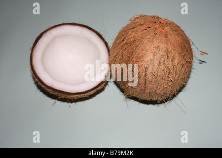 Kokosnuss halb und voll in weißem Hintergrund Stockfoto