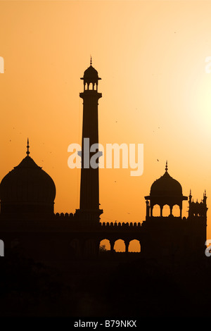 Sonnenuntergang über der Jama Masjid in Delhi, Indien. Die Jama Masjid ist die größte Moschee in Indien und wurde von Shah Jahan beauftragt. Stockfoto