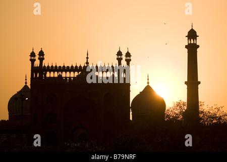 Sonnenuntergang über der Jama Masjid in Delhi, Indien. Die Jama Masjid ist die größte Moschee in Indien und wurde von Shah Jahan beauftragt. Stockfoto