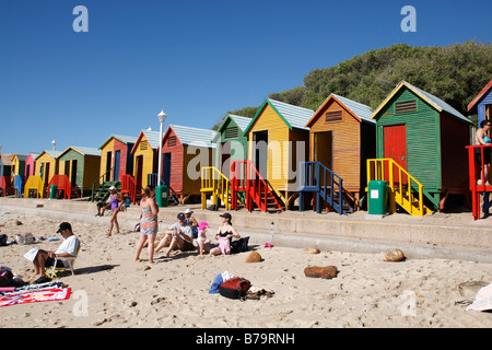 farbenfrohen viktorianischen Stil Strandhütten auf St James Pool Strand in der Nähe von Simonstown südlichen Halbinsel in Südafrika Stockfoto