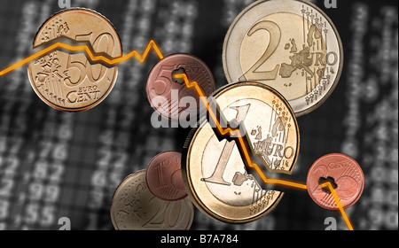 Aktienkurs, Euro-Münzen Stockfoto