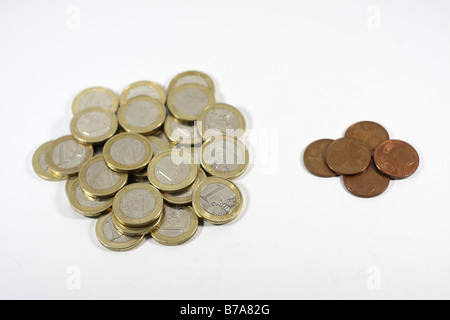 Ein großer Haufen von ein-Euro-Münzen neben einem kleinen Haufen von fünf-Cent-Münzen Stockfoto