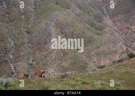 Zwei Wanderer auf Naukluft Wanderweg gesehen gegen einen felsigen Steilhang Stockfoto