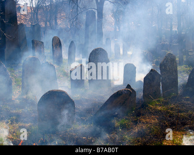 Friedhof Grabsteine im Schleier des Nebels, jüdischer Friedhof in Straznice, Hodonin Bezirk, Südmähren, Tschechische Republik, Europa Stockfoto