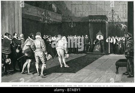 Königin Elizabeth ich erste 1. empfangen Französisch Botschafter nach Nachrichten Massaker Bartholomäus Zeremoniell Royal Royalty Queen Stockfoto