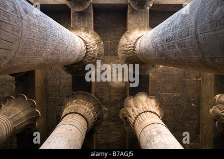 Suchen bis unter die Decke durch die Spalten in der Säulenhalle an der Tempel des Chnum in Esna, Ägypten Stockfoto