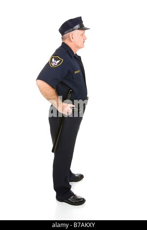 Schöne Reife Polizist im Profil Ganzkörper isoliert auf weiss Stockfoto