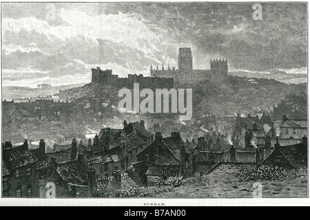 Durham Stadt Stadt Dorf Haus Smog Rauch Schornstein Dach Kirchenburg Stockfoto