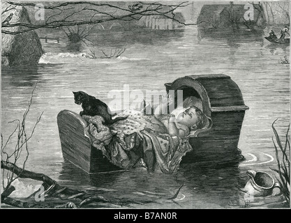 Flut schwimmende Katze Kinderbett Korb Wasser strohgedeckte Hütte Babydecke flash Sir John Everett Millais, 1. Baronet, PRA (8. Juni 1829 – Stockfoto