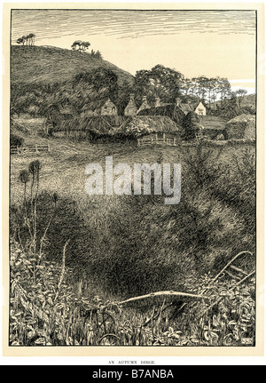 ein Herbst Dirge Feld Bauernhof Landschaft Hütte Haus Hill über gewachsene Herbst (auch bekannt als Rückgang der North American English) ist eine Stockfoto