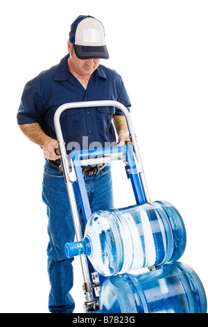 Wasser Lieferung Mann mit Sackkarre von Leerzeichen auf Hut oben gesehen kann Ihr Logo isoliert auf weiß tragen. Stockfoto
