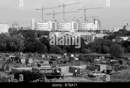 Die neue Queen Elizabeth Hospital, Edgbaston, Birmingham im Bau. Dieser Ansicht zeigen Kleingärten Vordergrund. Stockfoto