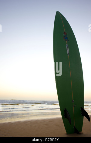 Ein stock Foto von einem Surfbrett in den Sand am Strand Stockfoto