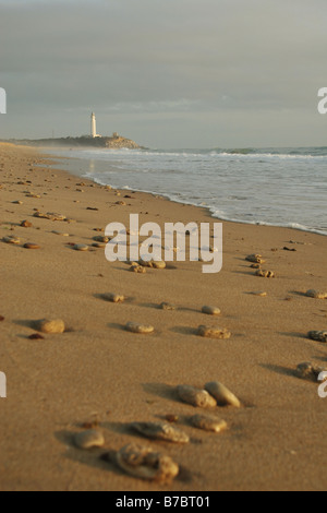 23. September 2008 am Strand in der Nähe von Trafalgar Leuchtturm gesehen von Zahora Cadiz Andalusien Spanien Stockfoto
