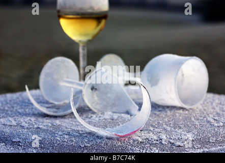 Morgen-nach-Nacht-before gefrostet und gebrochene Glas Wein Partei bleibt auf gefrorenen Land UK Stockfoto