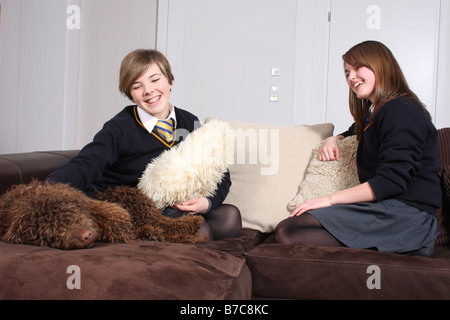 Zwei Mädchen im Teenageralter saß auf dem Sofa mit einem spanischen Wasserhund zu spielen. Stockfoto