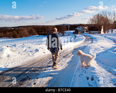 Winter-Szene mit Auffahrt und Mensch und Hund zu Fuß in Debec New Brunswick, Kanada Stockfoto