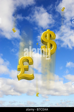 -3d digital Composite Pfund Pfund fallen und steigen uns Dollar Symbole zeigen schwach Stockfoto