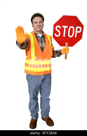 Eine freundliche Schule Kreuzung Wache halten ein Stop-Schild-Ganzkörper-Solated auf weiß Stockfoto