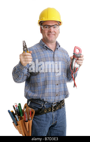 Elektriker in Sicherheit Schutzbrillen Bauarbeiterhelm hält seine Wirestrippers und Spannungsmesser Authentic und genaue Darstellung der Inhalte Stockfoto