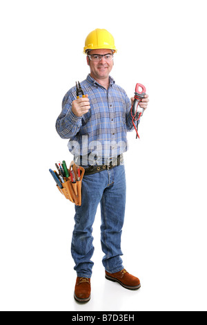 Freundliche Elektriker in Schutzausrüstung mit seinem Wirestrippers Spannung voll Gehäuse isoliert auf weiss Stockfoto