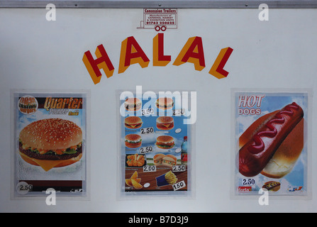 Melden Sie mit Halal-Burger und Hot Dogs zu verkaufen, East London Stockfoto