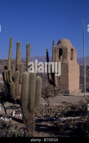 Torre de Santa Barbara und cardón Kaktus (Echinopsis atacamensis, ehemals Trichocereus sp), Humahuaca, Argentinien Stockfoto