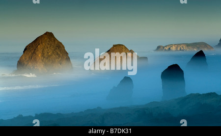 Felsen am Strand von Meyers Creek im Pistol River State Park eingehüllt in Nebel bei Sonnenaufgang Oregon USA Stockfoto