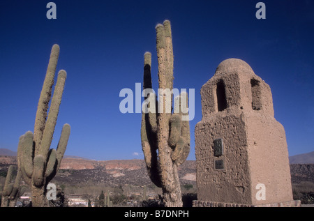 Torre de Santa Barbara und cardón Kaktus (Echinopsis atacamensis, ehemals Trichocereus sp), Humahuaca, Argentinien Stockfoto