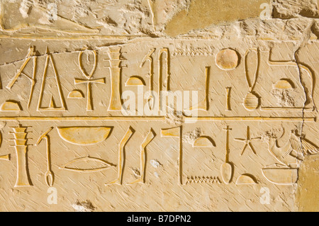 Hieroglyphen auf den Säulen des Portikus auf der dritten Terrasse des Hatshepsuts Tempel auf der Westbank von Luxor Ägypten Stockfoto